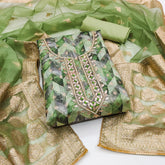 Green Organza Banarasi Handwork Unstitched Suit